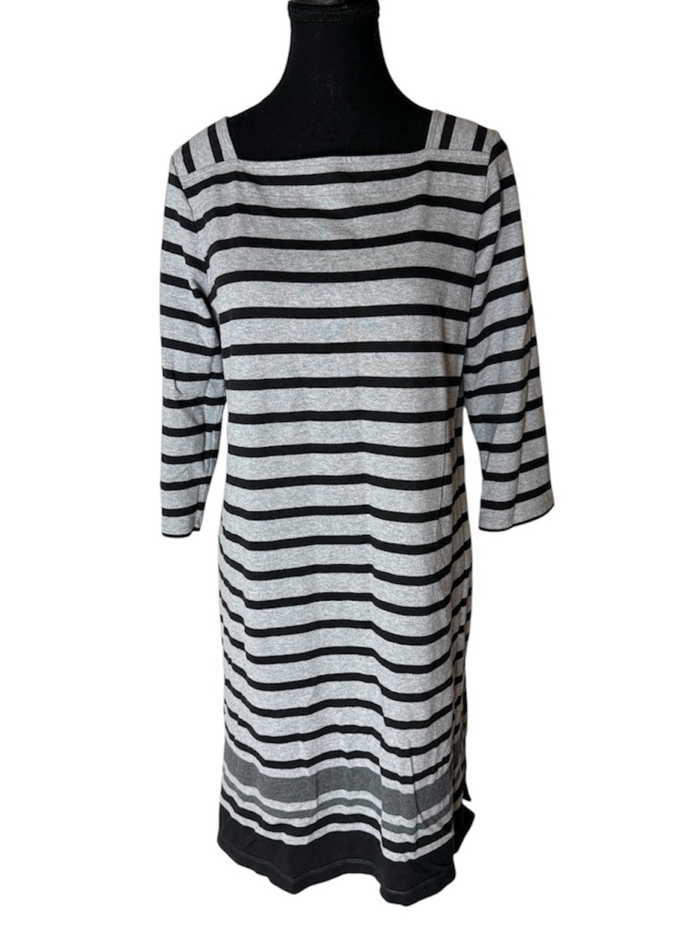 L.L. BEAN 3/4 Sleeve Knit Striped Midi Dress Square Neckline Grey Black Medium